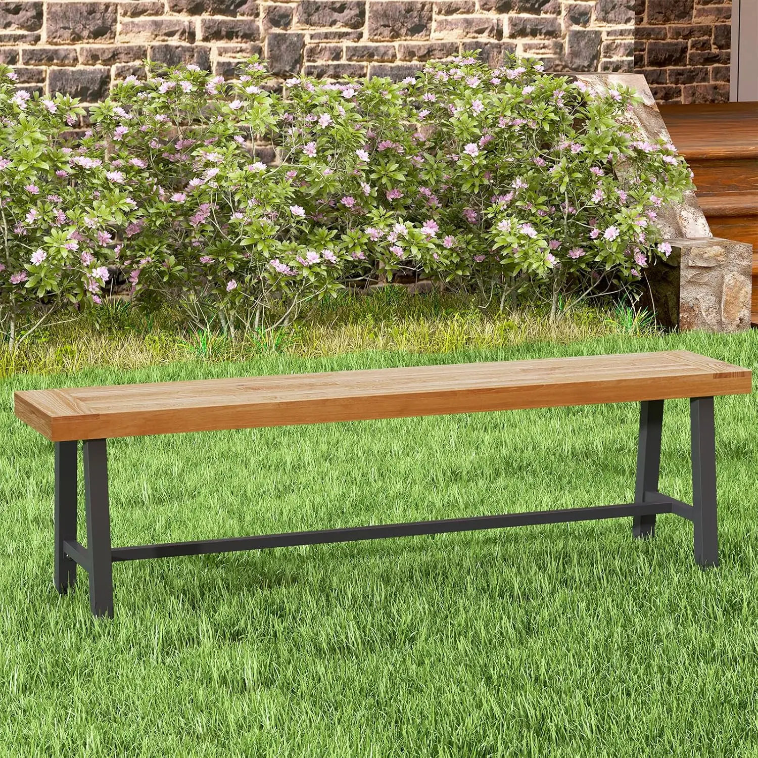 Outdoor Patio, Front Porch, Yard & Garden Backless Acacia Wood Bench with Heavy - Duty Metal Legs, 63\