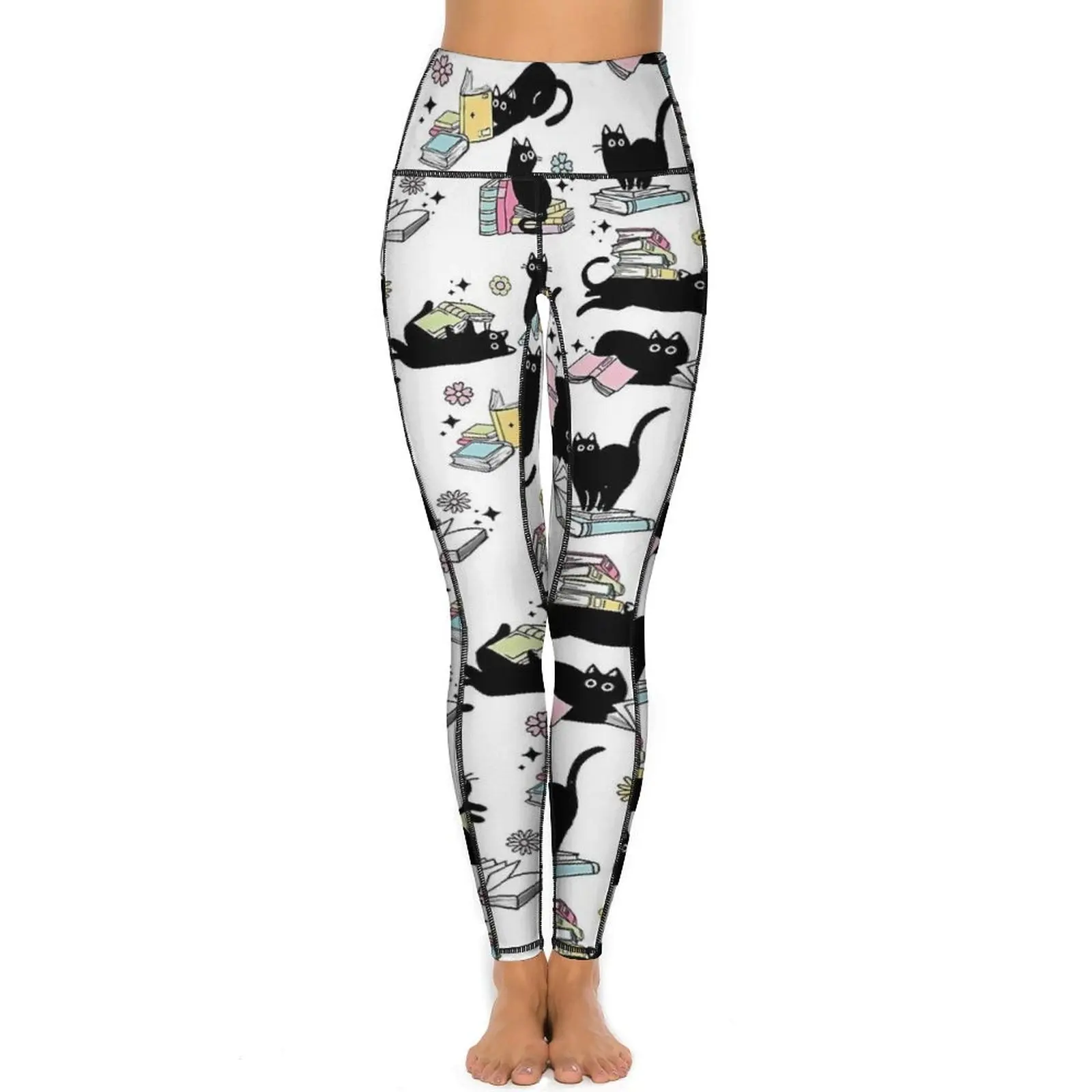 Library Cat Yoga Pants Sexy Black Cats and Books Graphic Leggings High Waist Gym Leggins Women Novelty Stretch Sports Tights