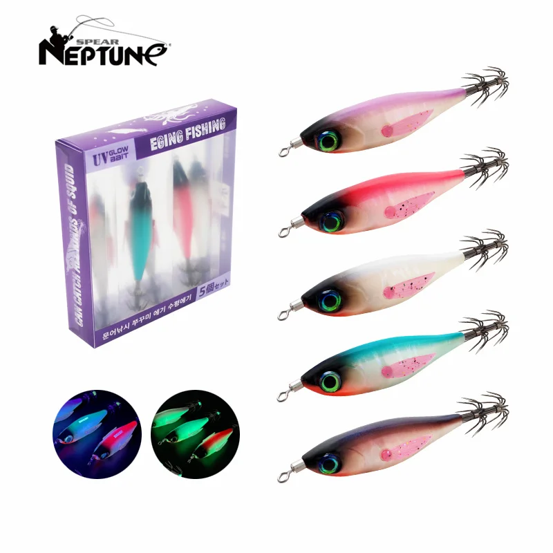 5Pcs Luminous Squid Bait Set 5g Webfoot Octopus Egi Artificial Horizontal Wooden Shrimp  Cuttlefish Squid Jig Hook Sea Tackle