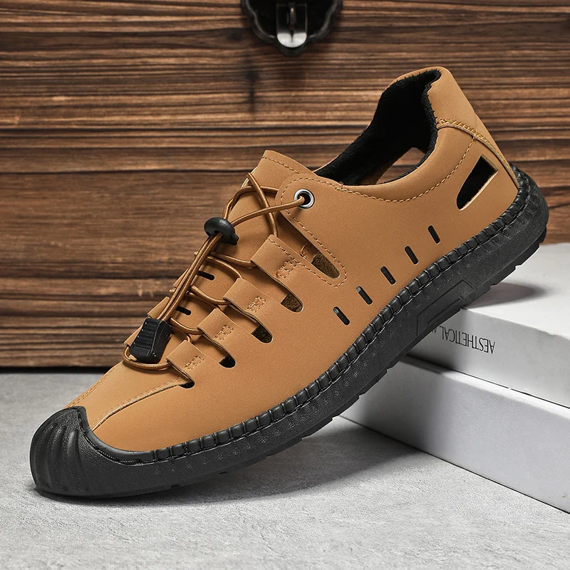 

HKDQ Summer Men's Leather Sandals 2025 Breathable Hollow Out Beach Shoes For Men Outdoor Non Slip Walking Shoes Men Wading Shoes