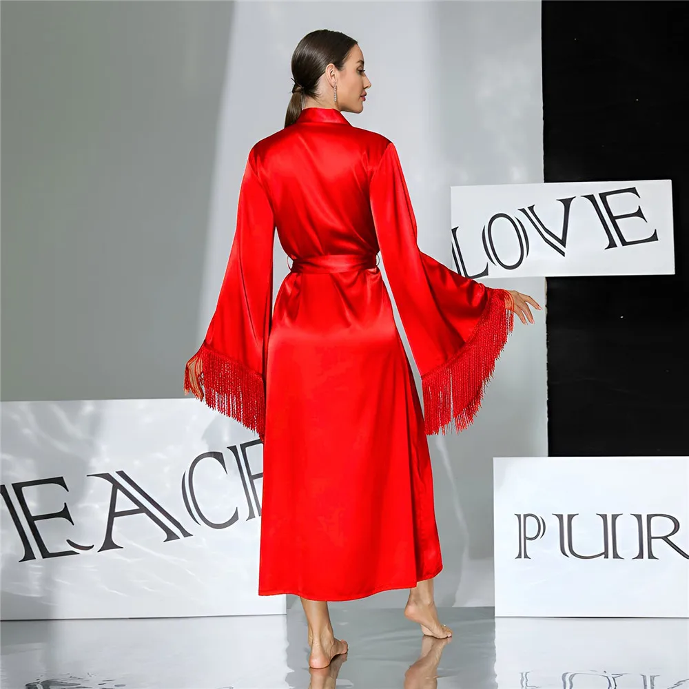 Female Tassel Cuff Long Robe Nightgown Kimono Bathrobe Sleepwear Spring Summer Casual Silk Satin Homewear Lounge Wear