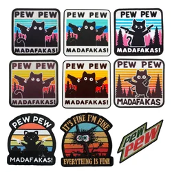 Parches tácticos Pew Madafakas, bordados divertidos, gancho y bucle, doble lanza militar, insignia de moral de gato negro, pegatinas de mochila