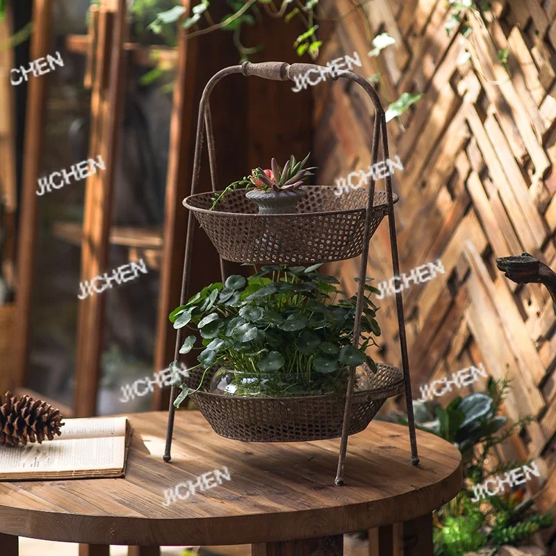 

XHX Винтажная железная двухъярусная подставка-корзина, металлический держатель для растений в деревенском стиле, декоративный органайзер для дома, сада, ритуального дисплея