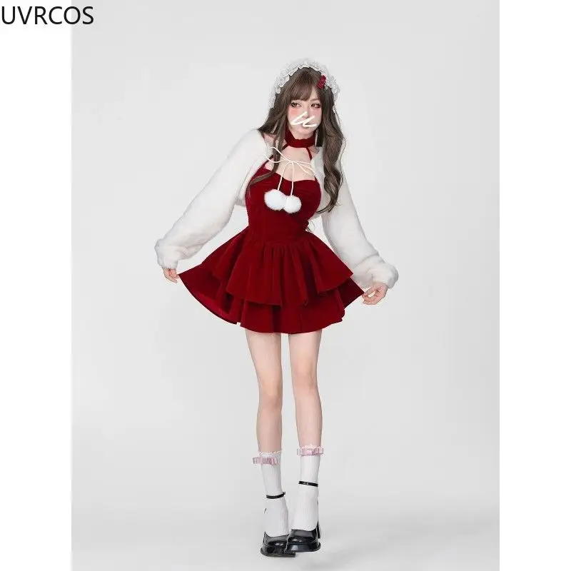 Kawaii doce lolita conjunto de duas peças feminino 2024 estilo coreano branco xale topos bonito festa mini vestido japonês y2k vermelho terno natal