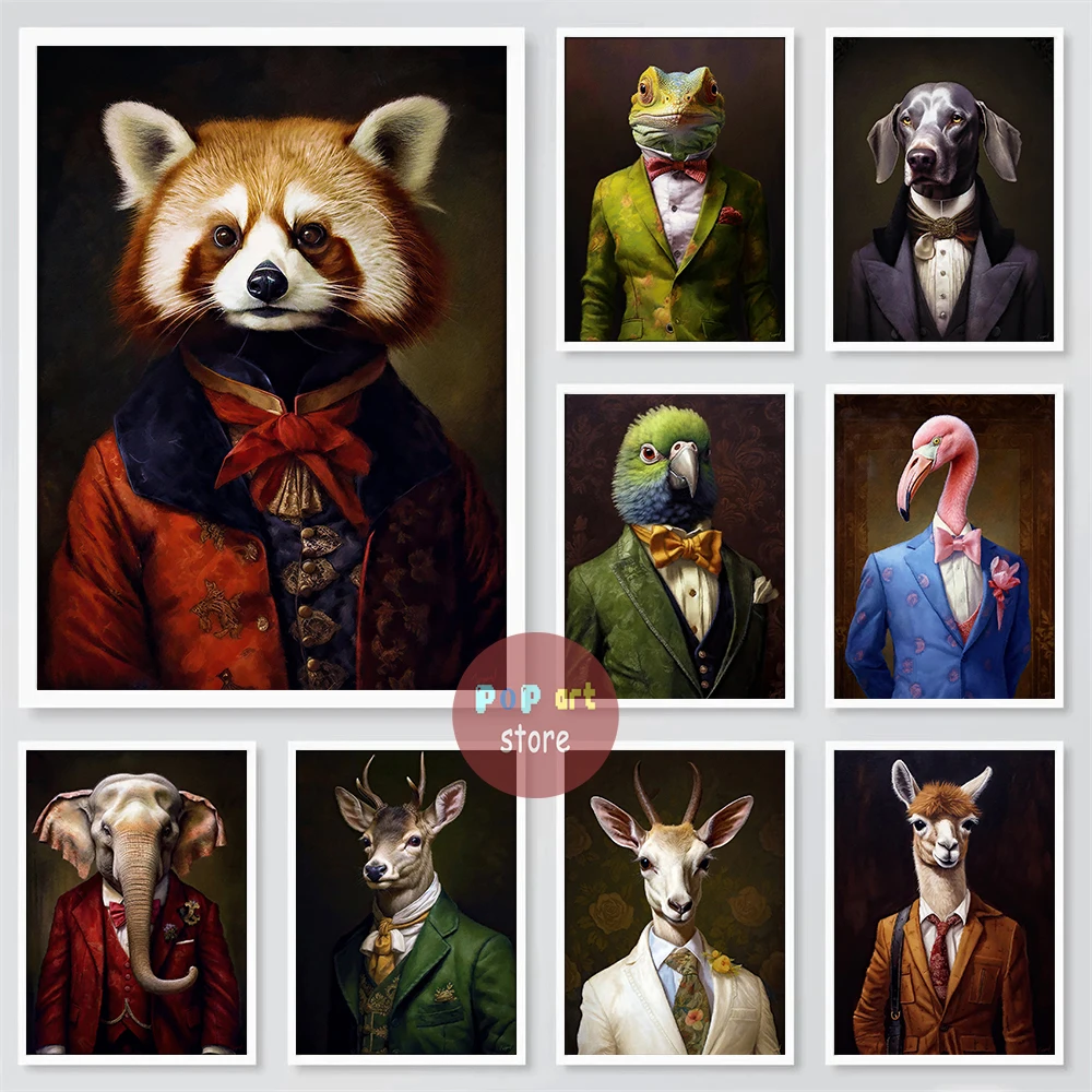 Animals Gentleman Art Print Canvas Printing Poster Vintage Animals Figure Painting Gentlemen and Nobles Wall Decor Home Room Art