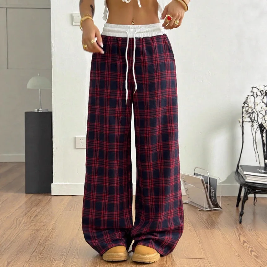 Women Retro Lazy Vibe Plaid Wide Leg Trousers Elastic Waist Draped Floor Length Straight Cut Casual Pants Comfort Daily Bottoms