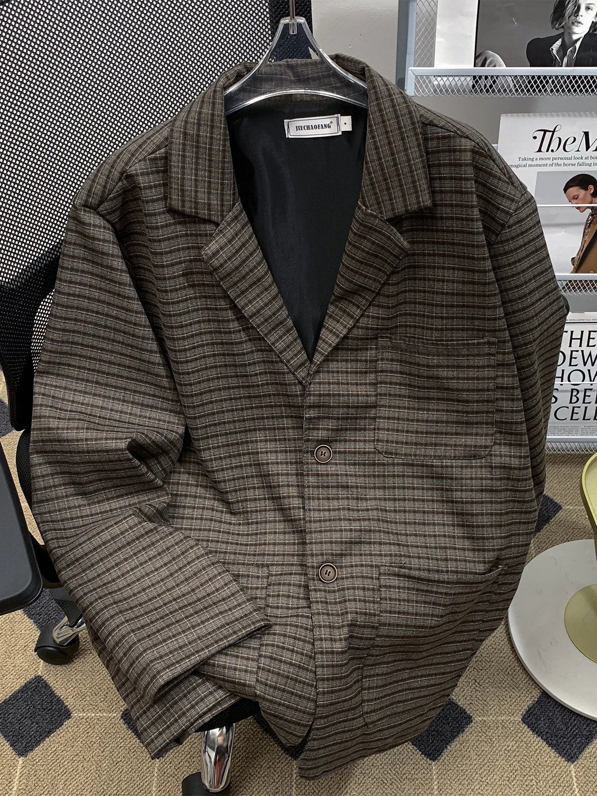 

Женский коричневый клетчатый пиджак, винтажная верхняя одежда с длинными рукавами, однобортный костюм средней длины, пальто Harajuku Y2k, эмо 2000-е, осень