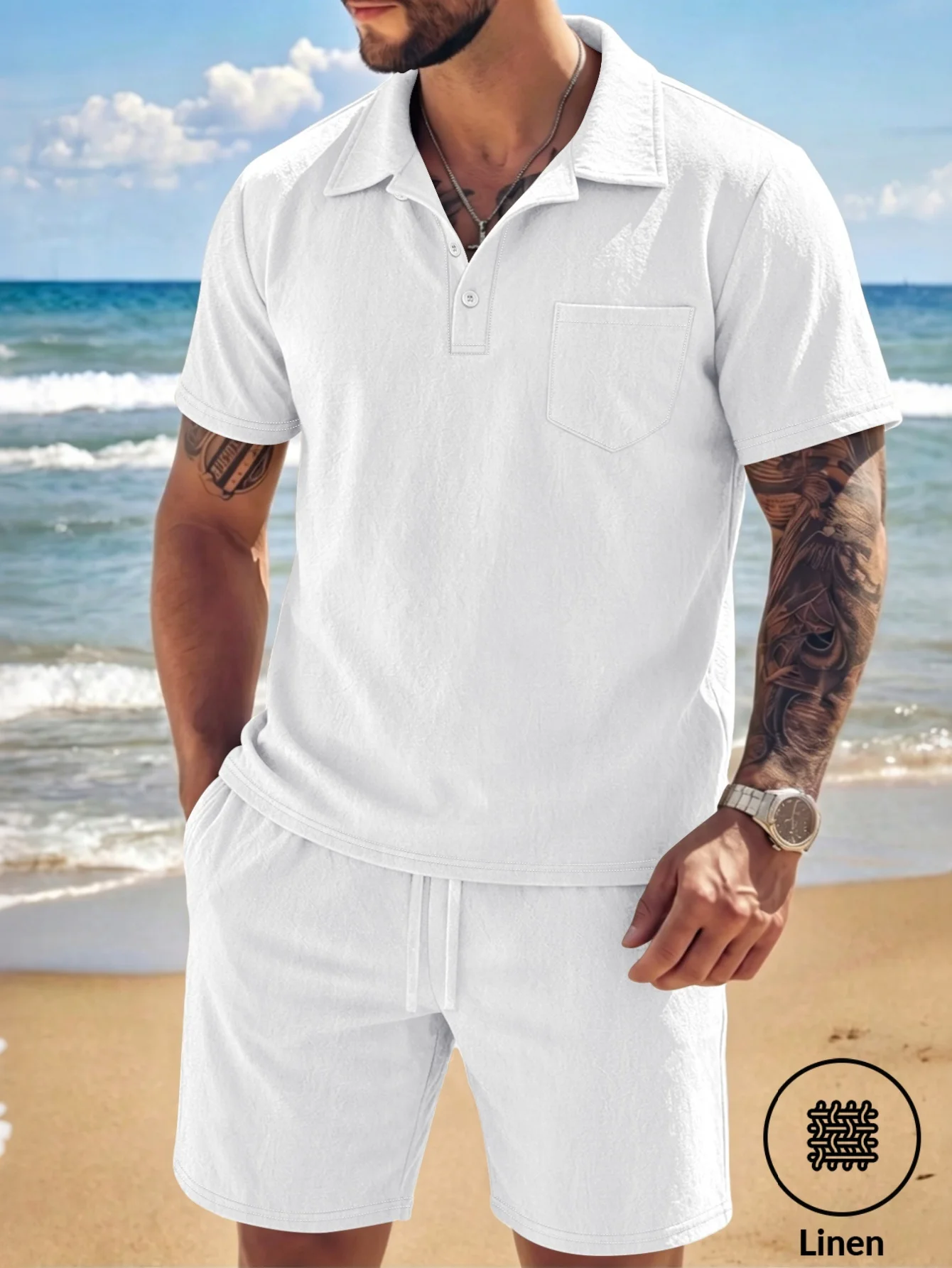Men Linen 2 Piece Matching Set Short Sleeve Lapel Polo Shirt & Drawstring Casual Shorts