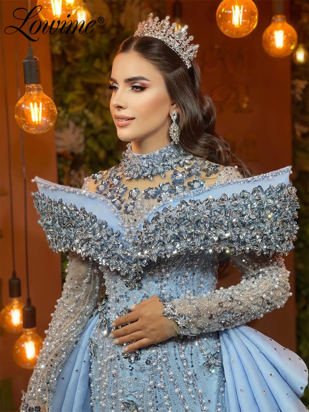 

Lowime Sky Blue Evening Dresses Crystals Long Sleeve Formal Occasion Party Gowns Celebrity Dresses Robes De Soirée Customized