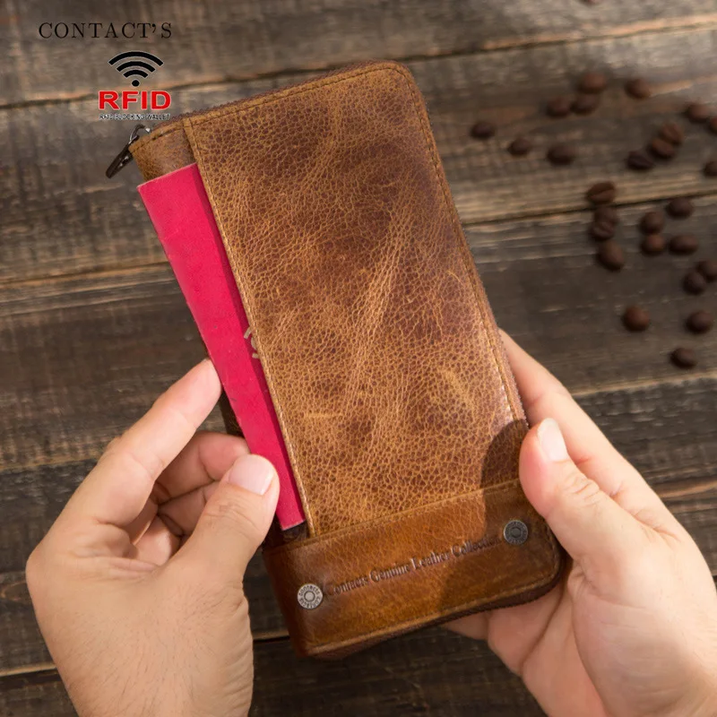 HTS-M1289 Retro Crazy Horse Leather RFID Anti Theft Brush Men's Wallet Long Multi Functional Leather Zipper Bag