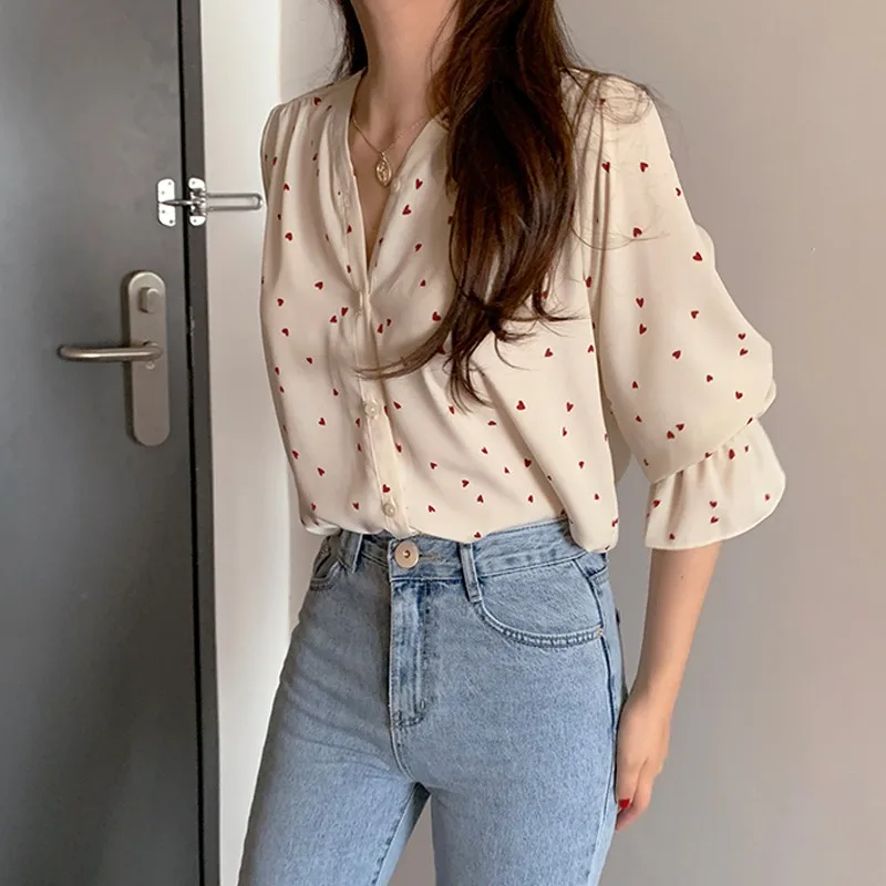 Spring Summer Fashion Women V-neck Love Print Shirt Sweet Fashion Long Sleeve Loose Petal Sleeve Blouse