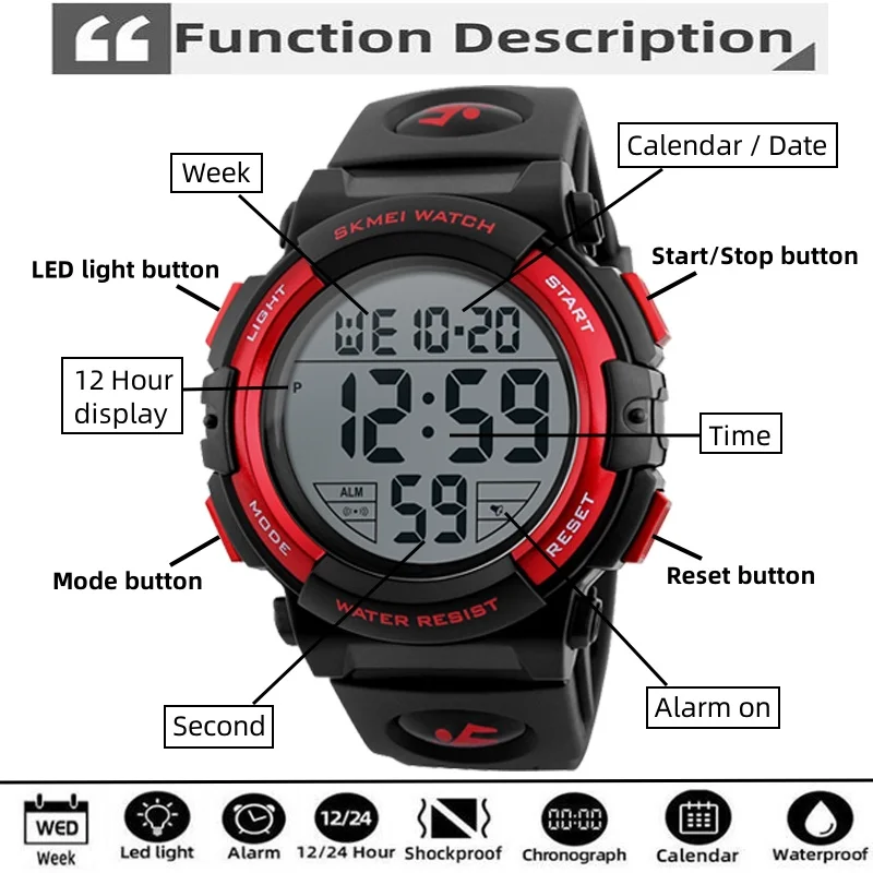 Skmei Fashion Big Dial Mens Sports Watches Waterproof Swimming LED Light Chronograph Date Digital Alarm Clock Male