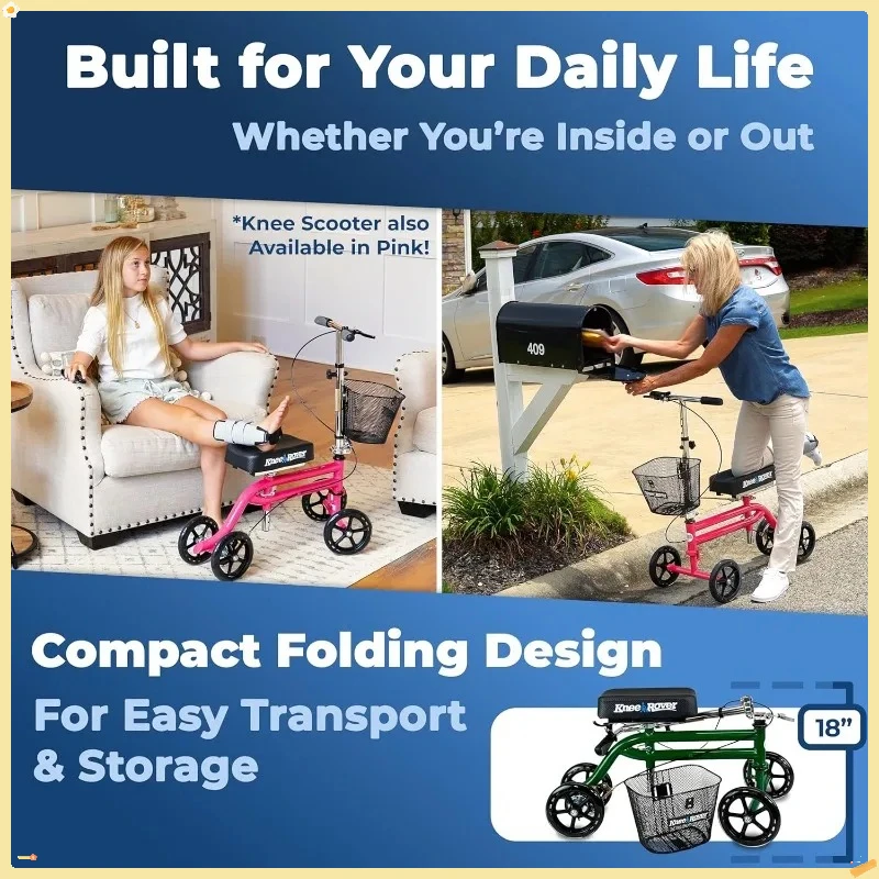 Skuter Lutut yang Dapat Dikendalikan untuk Dewasa, Walker Lutut Lipat dengan Keranjang, Hijau