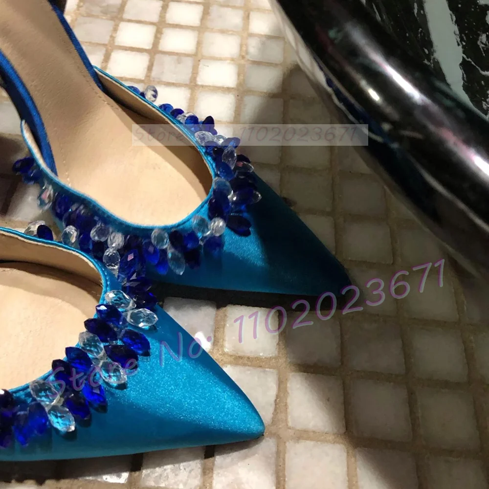 Blue Crystal Trim Elegant Satin Sandals Women Luxury Back Strap High Heels Party Shoes Ladies Summer Chic Pointy Toe Bling Pumps