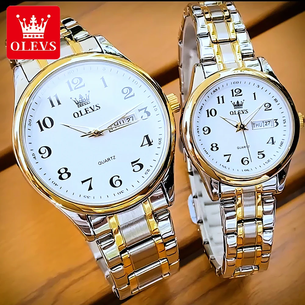 OLEVS Couple Watches Top Brand Simple Fashion Stainless Steel Strap Original Quartz Wristwatch for Lover Waterproof Luminous New