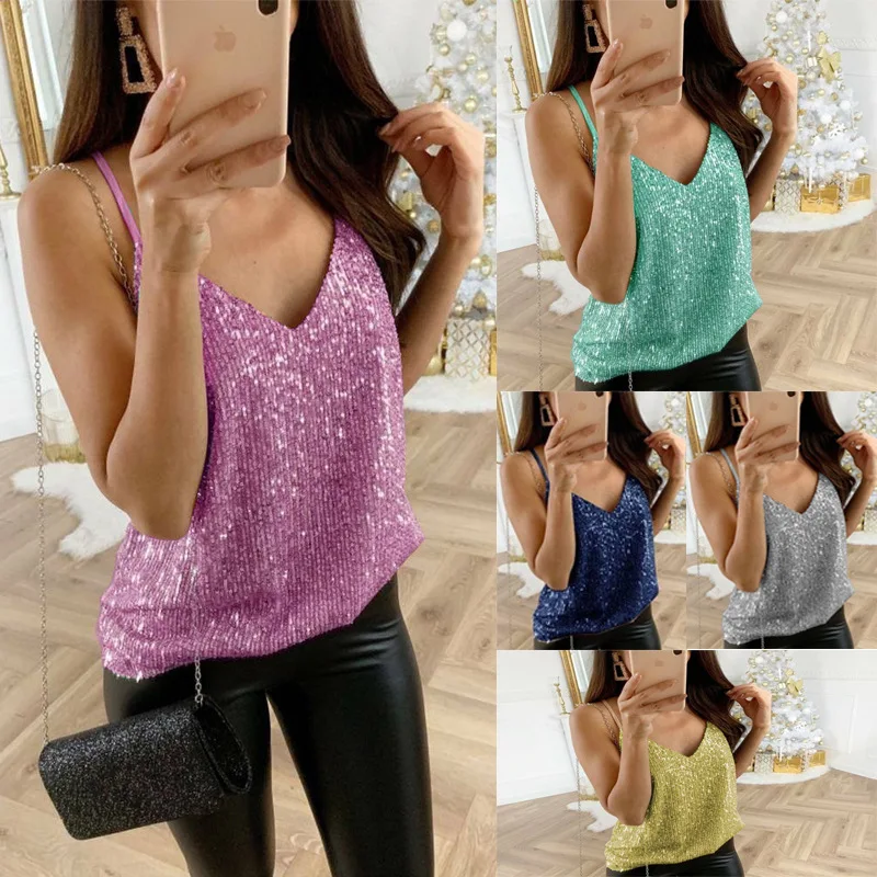 

2024 Summer Sexy Wrap Deep V Neck Cut Out Loose Shiny Halter Crop Tops Women Tank Top Camisole Female Sleeveless Cropped Vest