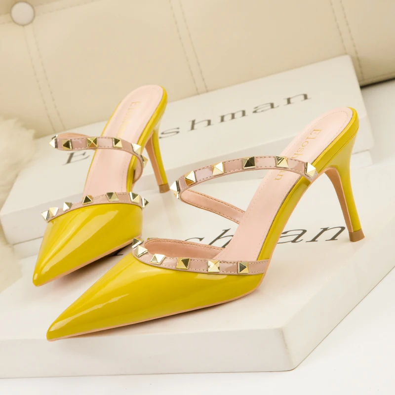 Women Summer High Heels Mules Slippers Ladies Pointed To Sexy Rivets Outside Shoes Woman Fashion Sandals Zapatos Mujer