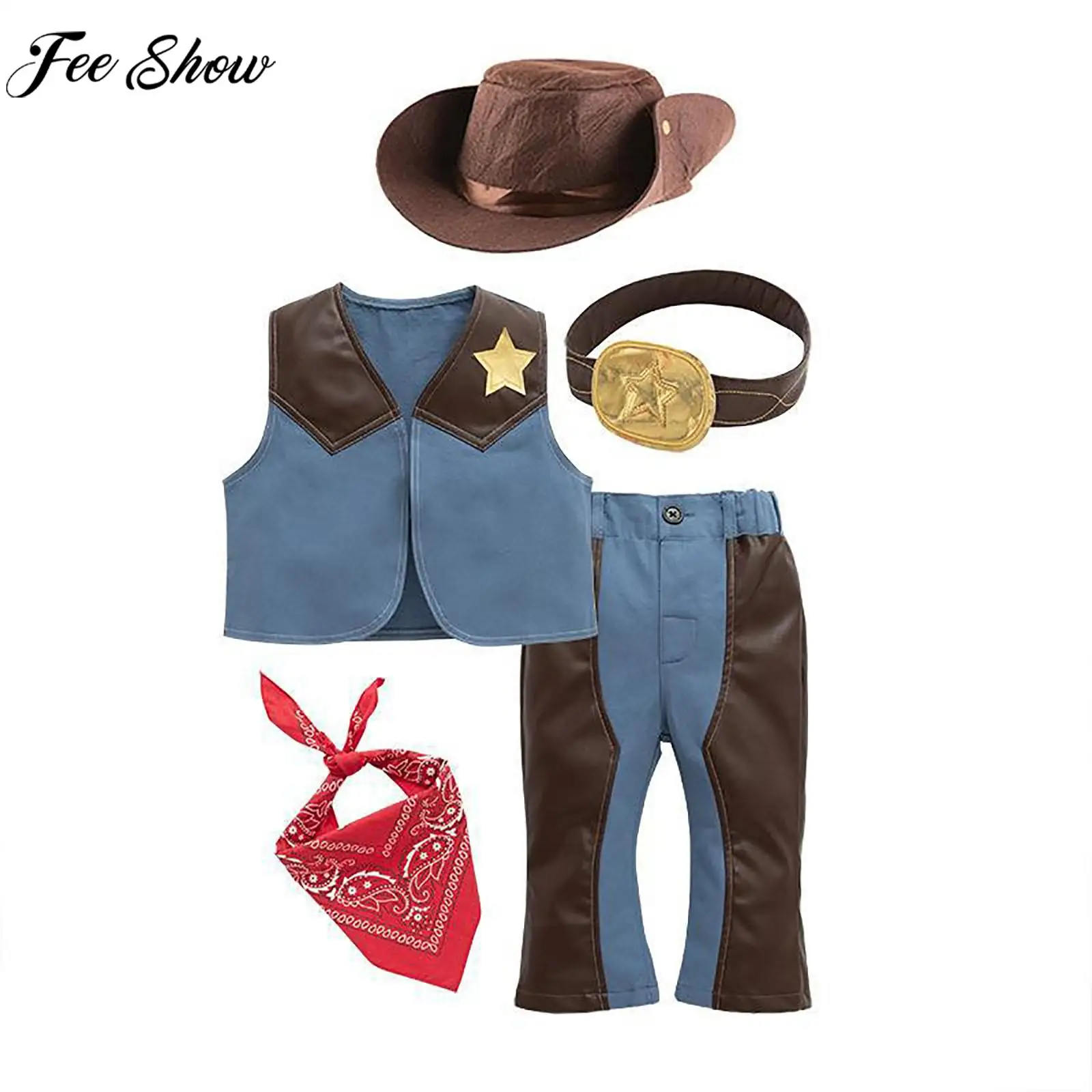 Bambini ragazzi Halloween Western Cowboy Costume Cosplay cappello sciarpa gilet pantaloni Set per festa a tema carnevale gioco di ruolo prestazioni