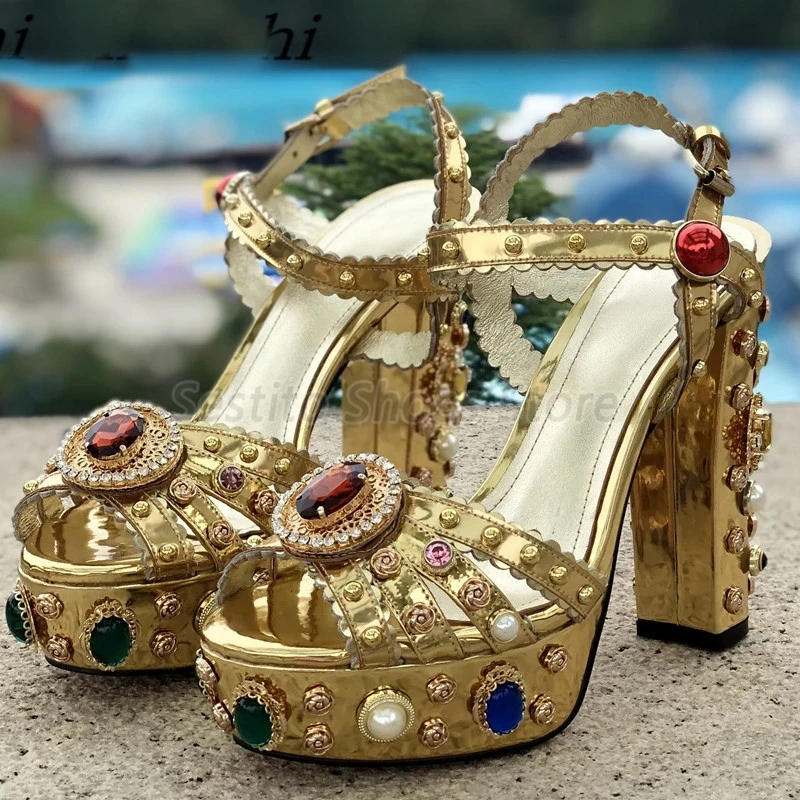 Parel Strass Dikke Plateau Hoge Hakken Voor Vrouwen Luxe Gem Kristal Borduurwerk Dikke Hak Sandalen Feest Trouwjurk Schoenen