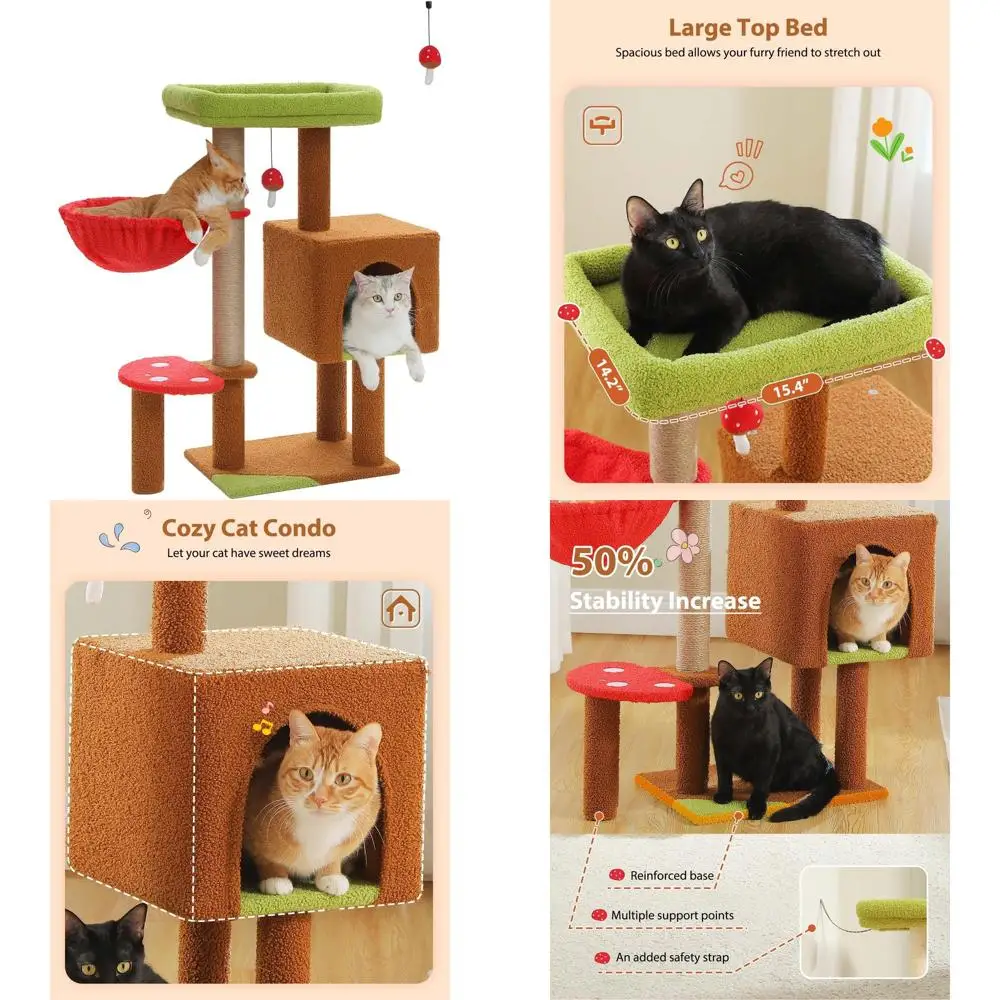 

Когтеточка-доска из сизаля 35.4 с зеленой лежанкой, красным гамаком и подвесным шариком для кошек малого и среднего размера, коричневая