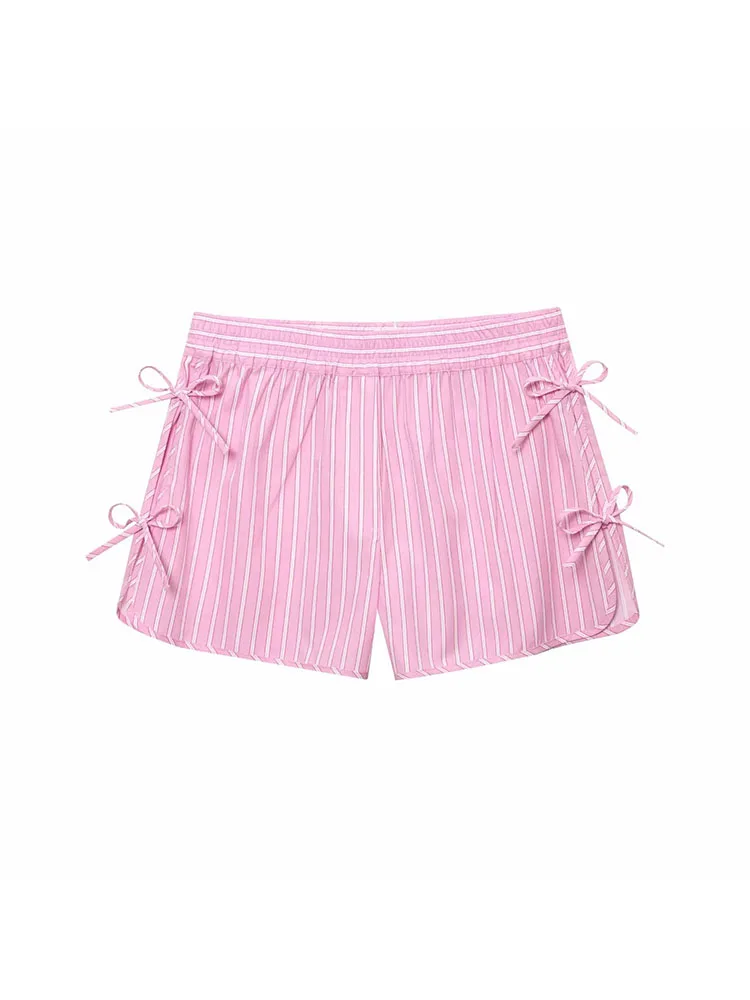 2025 نساء موضة 2 قطعة مجموعة مخطط القوس الدانتيل يصل الخامس الرقبة سترة و Vintage عالية مرونة الخصر السراويل الإناث شيك مجموعة تي شيرتات قصيرة للأطفال #4