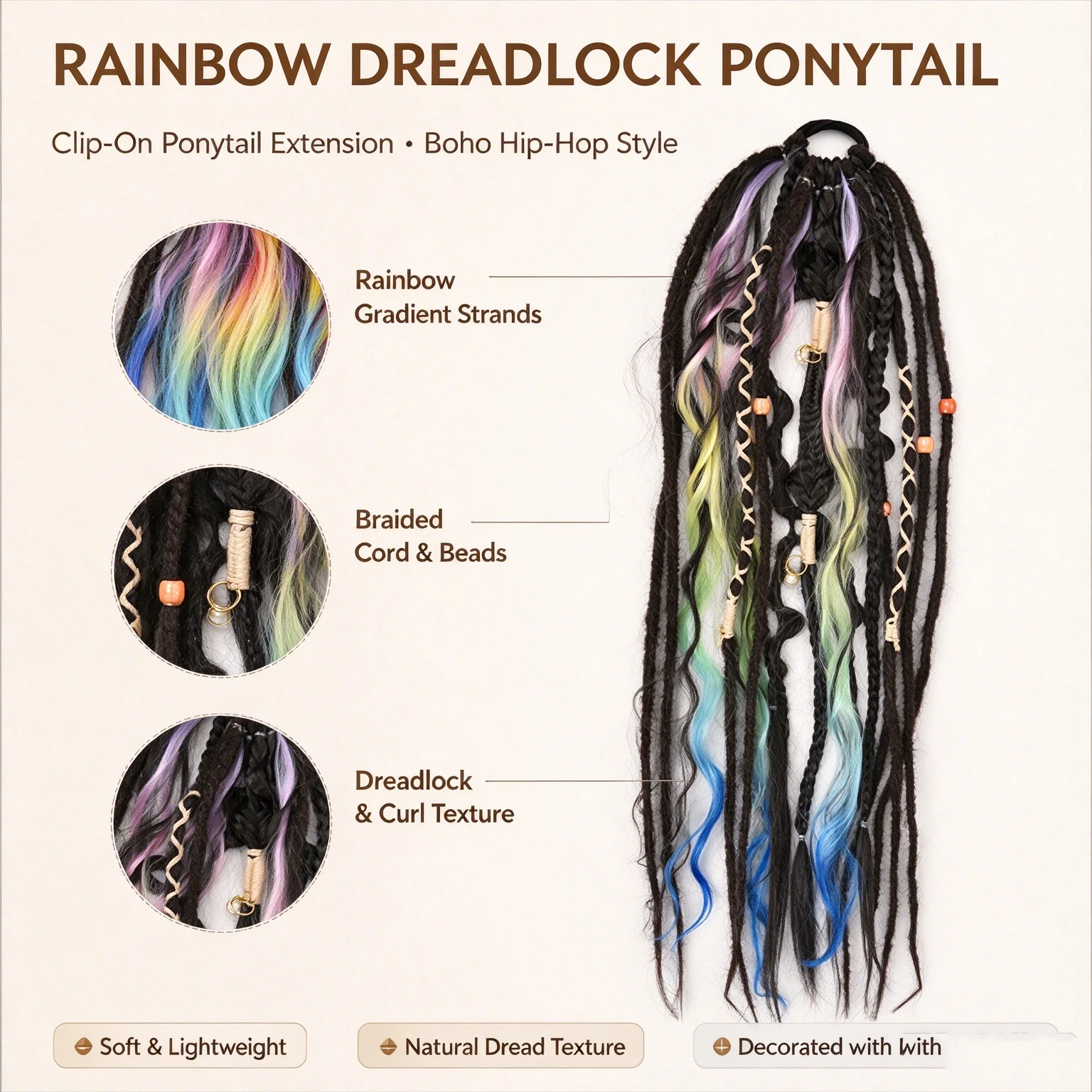 WomenSynthetic Boho Dreadlock Braided Ponytail Hair Piece Ombre Curly Ends Festival Party Hair Extension