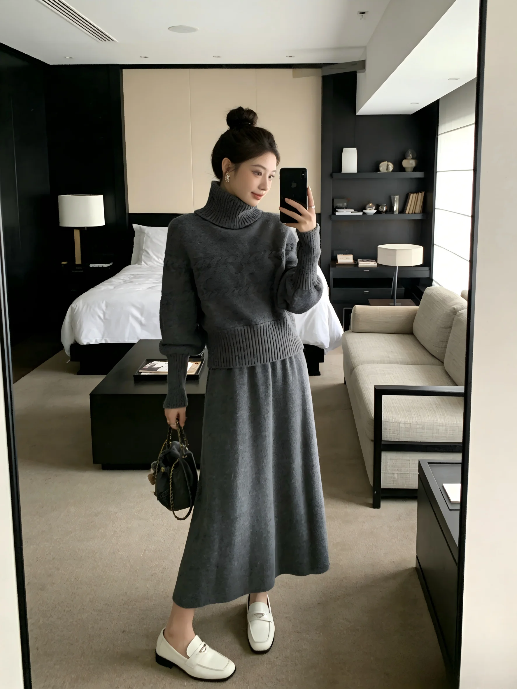 

Korean mat High Collar Knitted Sweater Set Slimming Waist Design Floor Length Skirt Long Sve Batwing Sve Sle