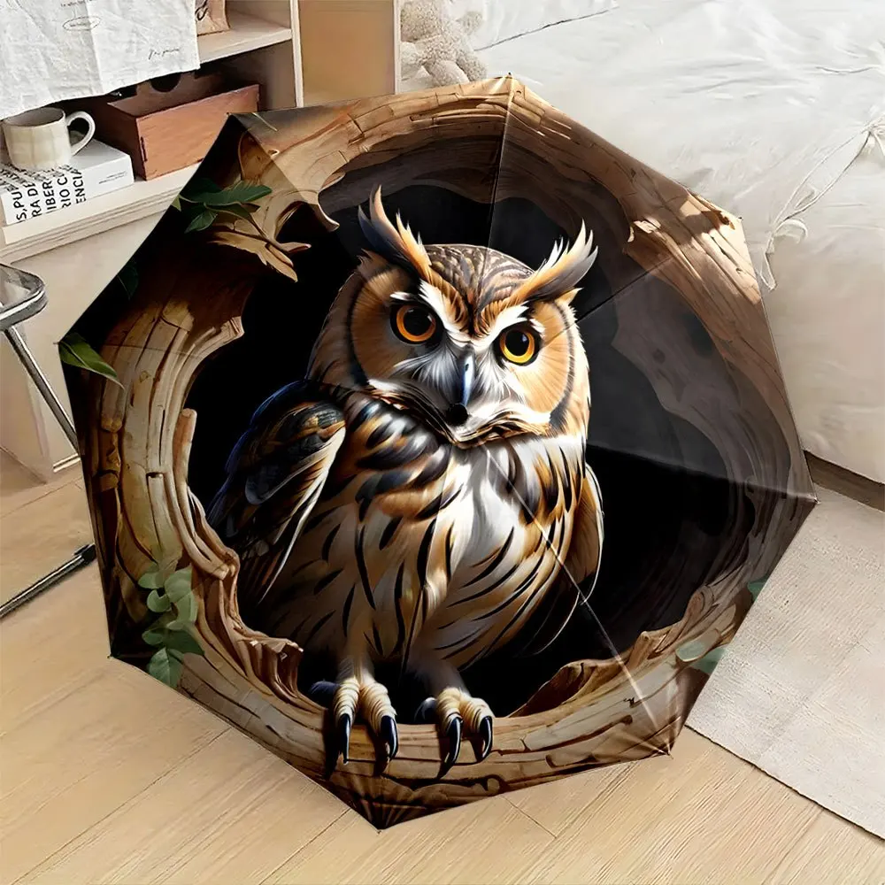 

Автоматический складной зонт. Совка, сидящая в пещере в дереве. Портативная складная конструкция, повседневный аксессуар для активного отдыха, рождественский подарок.