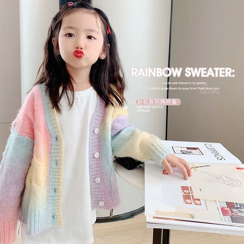 2-12 Years Girls Knitted Sweater New Rainbow Colorful Cardigan Spring Autumn Girls Coat Birthday Party Gift Baby Girls Clothes