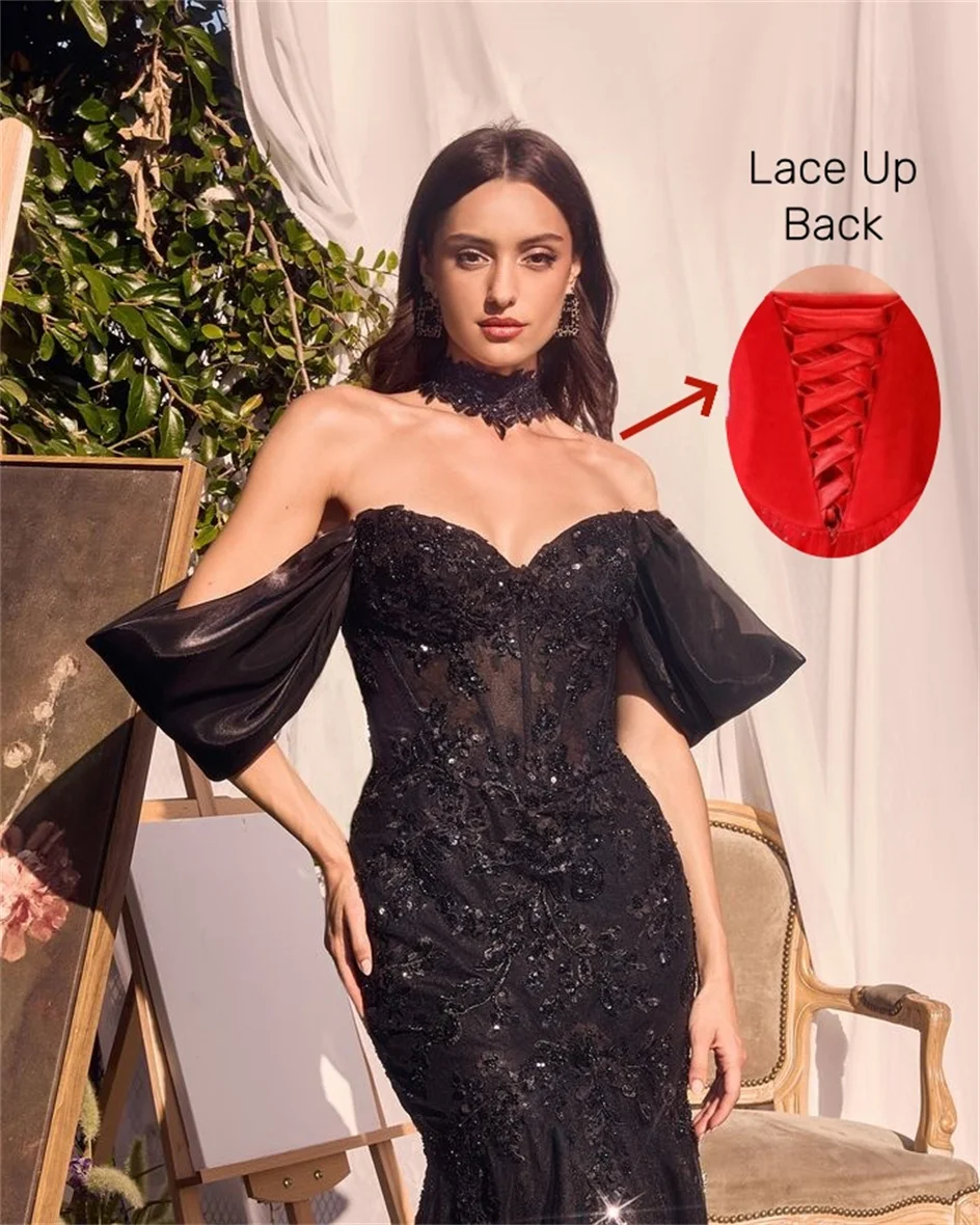 Elegant Off the Shoulder Mermaid Prom Dresses Black Sweetheart Bodycon Appliques Lace Sequins Cocktail Gowns Long Party Dress