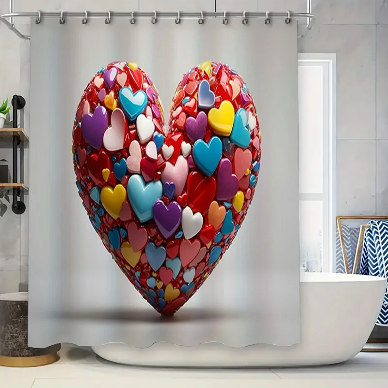 Love Heart Shower Curtain 3D Printed Fabric Bathroom Decor Multicolor Waterproof Shower Paneling Backdrop Perfect Valentine's Da