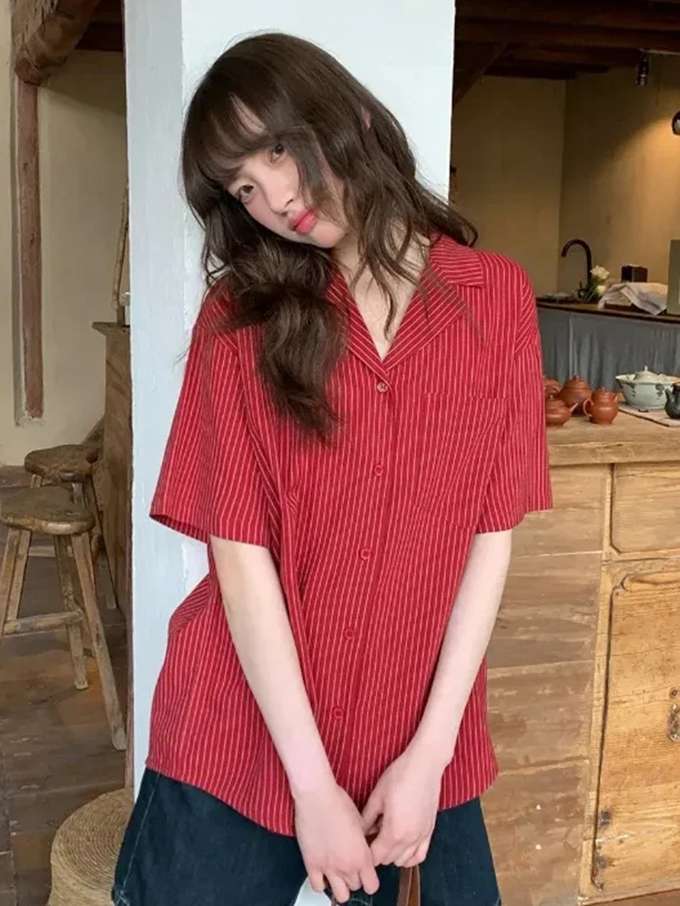 Ropa de calle para mujer, camisa holgada a rayas de manga corta Vintage Y2k, blusa americana Harajuku Retro de verano para mujer, Tops informales nuevos