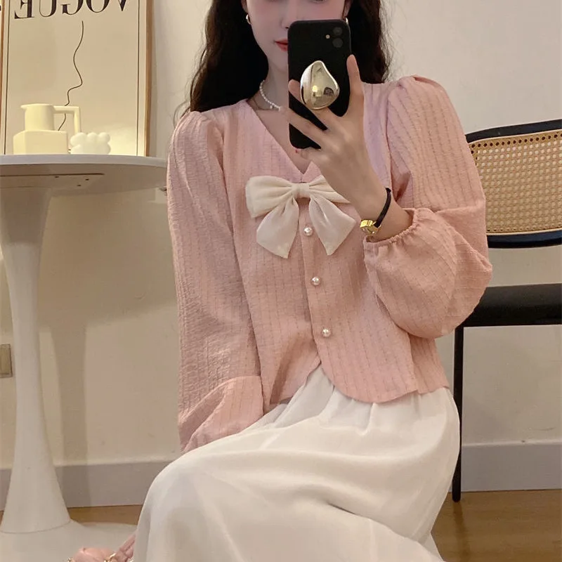 French Bow Shirt Women\'s Long Sleeved Korean Retro Hong Kong Style Thin Chic Top with Bubble Sleeves Pink Shirt Trendy