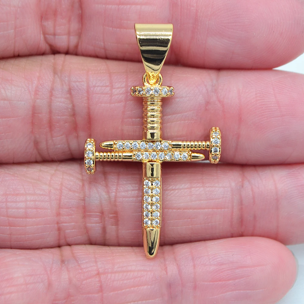 High Quality Gold Color Clear Cubic Zirconia Fashion Nails Cross Charm Pendant Jewelry