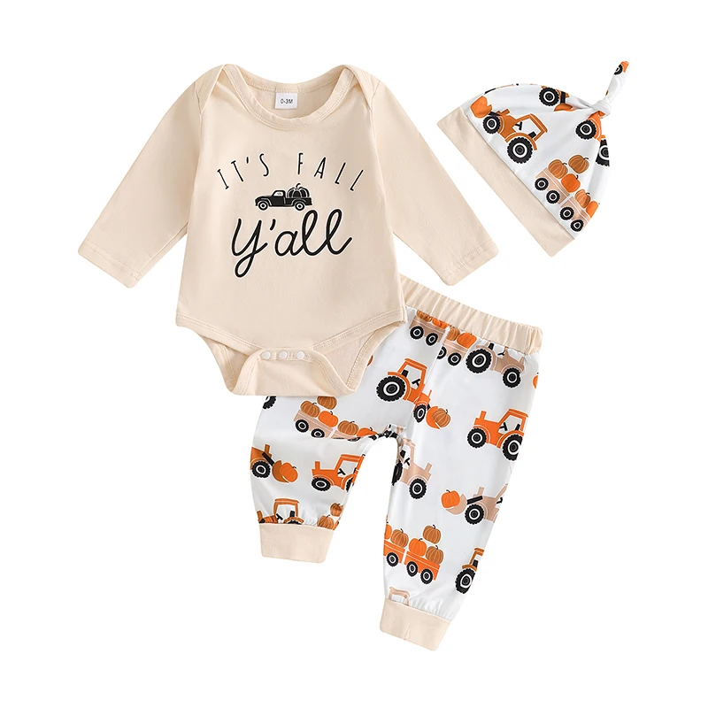 

Baby Boys 3PCS Outfit Sets Long Sleeve Round Neck Romper Tractor Print Pants Hat Sets