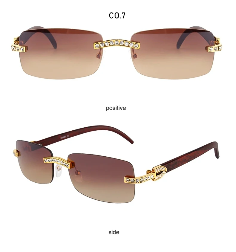 Kenbo Vintage randlose Rechteck Sonnenbrille für Frauen Männer Luxus Brille Mode Kristall Holz Brillen Sonnenbrillen uv400 – Detail 15