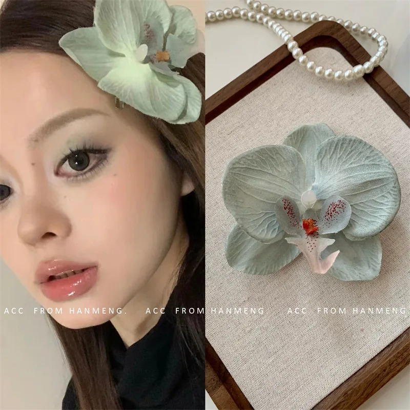 Korean Sweet Phalaenopsis Flower Hairpin 2024 Fashion Bohemia Creative Design Cloth Floral Pearl Hair Clip Female Headdress