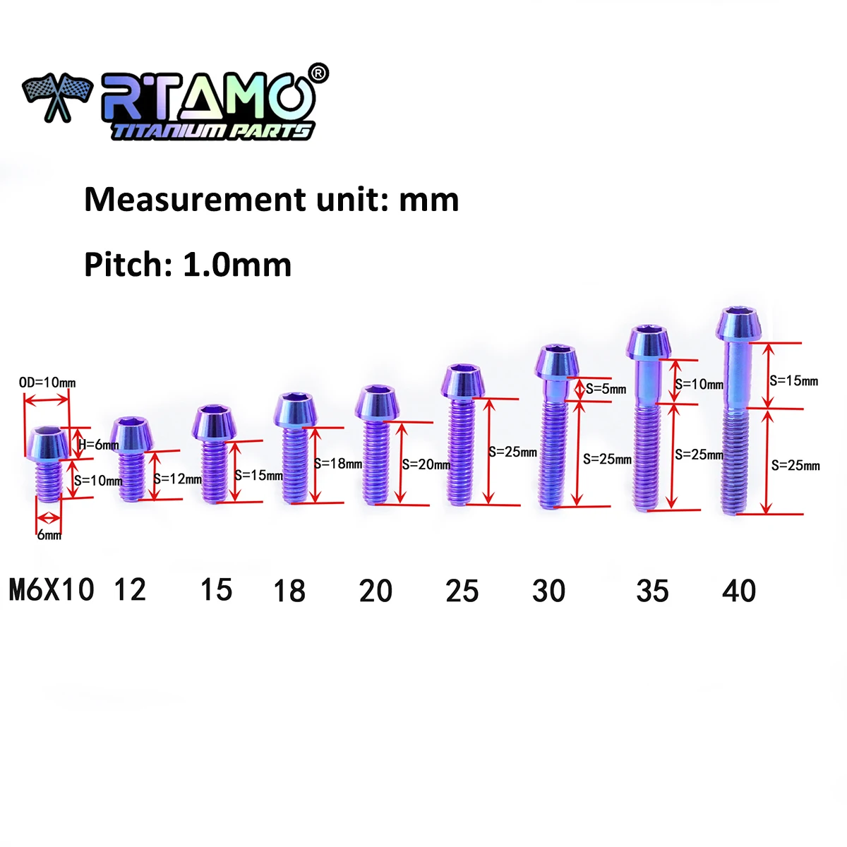 RTAMO Gr5 Titanium Bolt M6X10/12/15/18/20/25/28/30/35/40 Allen Key TC4 Ti Screw for Bicycle Stem Seatpost