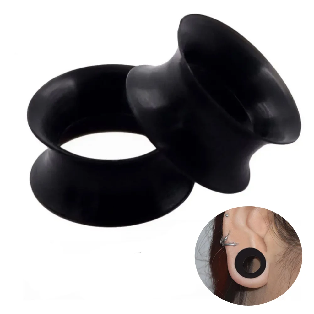 2/4X Ultra Thin Soft Silicone Black Flexible Ear Gauge Plug 2g (6mm) - 1
