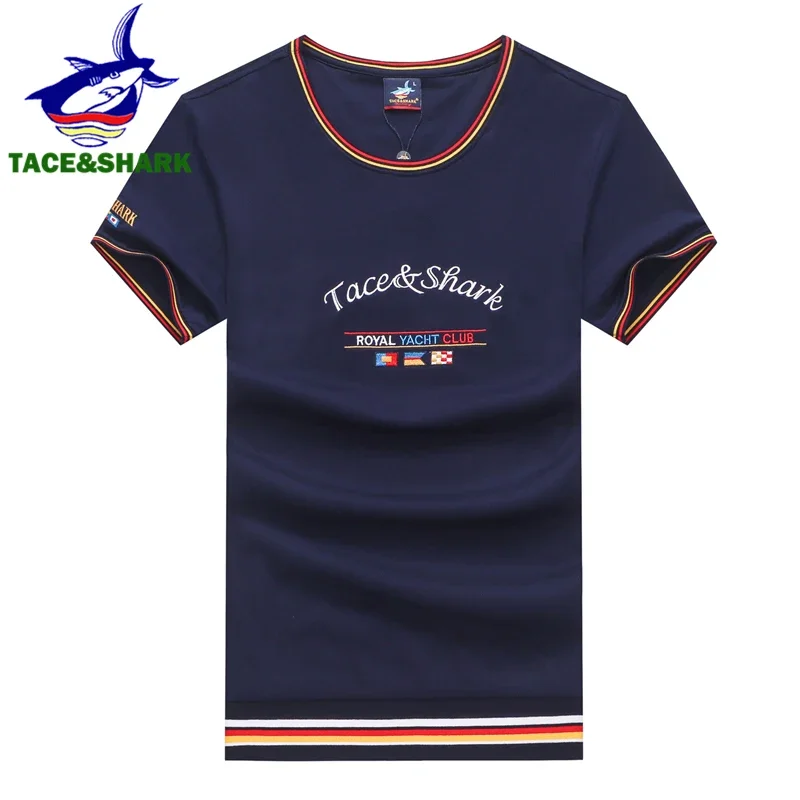 TACE&SHARK Summer Military T-shirts Fashion Embroidery Casual Cotton White Camiseta Tops Tees Shark Short Sleeve T Shirt Men