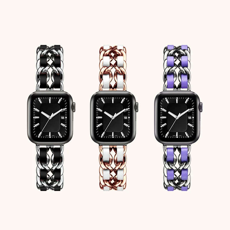 

Metal + Leather Strap For Apple watch 9 8 7 45mm 41mm Series 6 5 4 SE 44mm 40mm Stainless steel bracelet band for iwatch 3 42mm