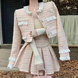 Pink Autumn Winter Kawaii Tweed Two Piece Set Women Sweet Lace Patchwork Woolen Jackets Elegant Pearl Pleated Mini Skirts Suits