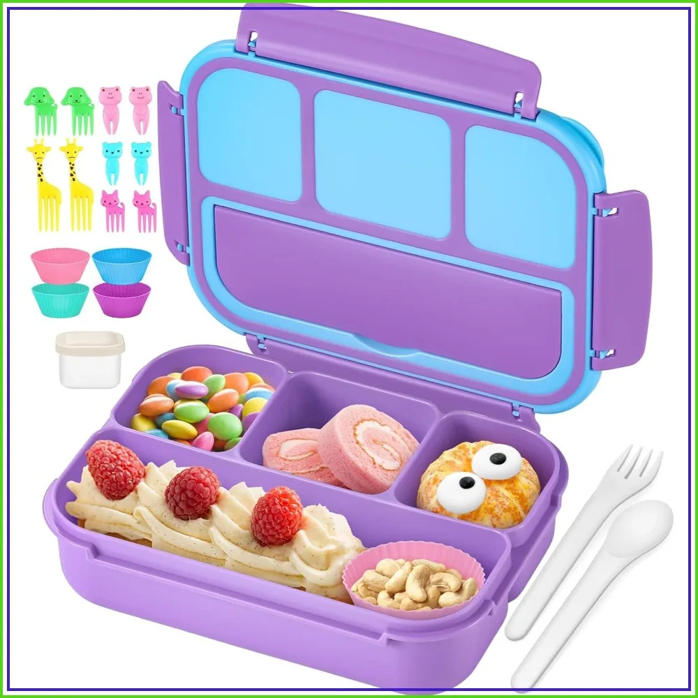 Kids Bento Lunch Box with 4 Compartments, Leak-Proof, Microwave-Safe, Includes Sauce Cup & Utensils, Purple