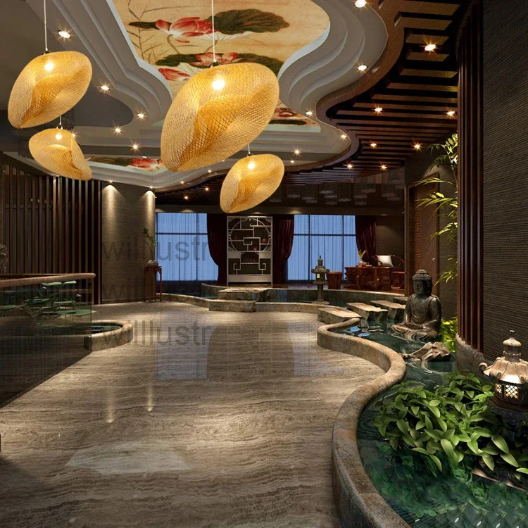 Irregular Bamboo Pendant Lamp Wood Bicorne Ceiling Chandelier for Hotel Restaurant Hanging Suspension Lighting Unique Decor