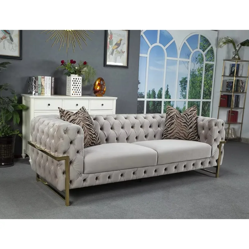 European Style Gray Chesterfield Sofa Reclining Loveseat Armchair Button Tufted Upholstery for Living Room