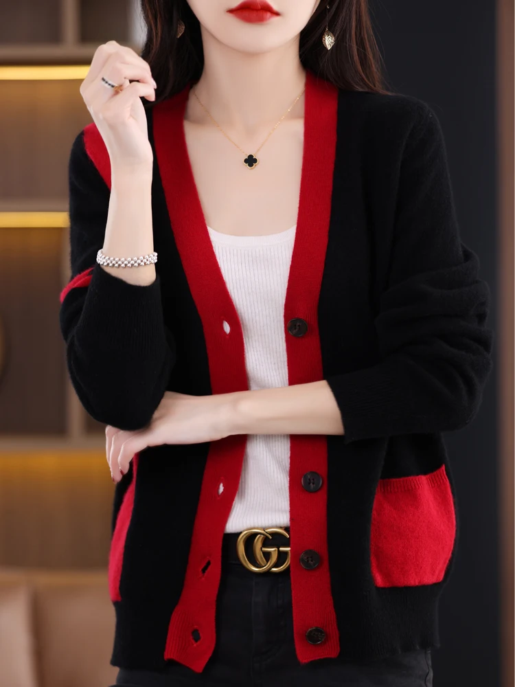 ADDONEE Women V-neck Cardigan Autumn Winter Cashmere Sweater Multicolor Basic Clothing 100% Merino Wool Knitwear Korean Style