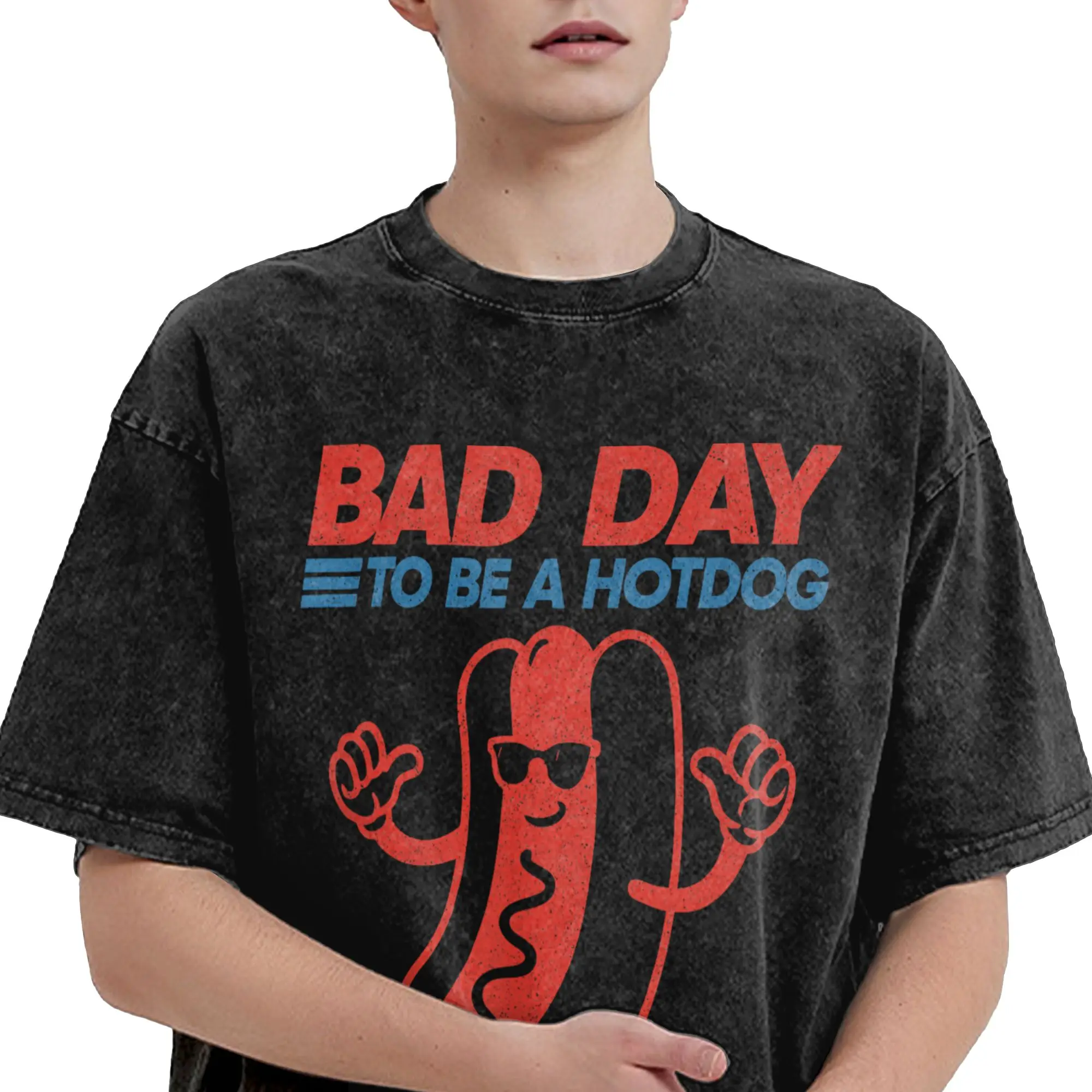 Funny Bad Day to Be a Hotdog  Outfit Washed T Shirts Men Women Streetwear Hip Hop T-Shirt Summer  Tees 100% Cotton