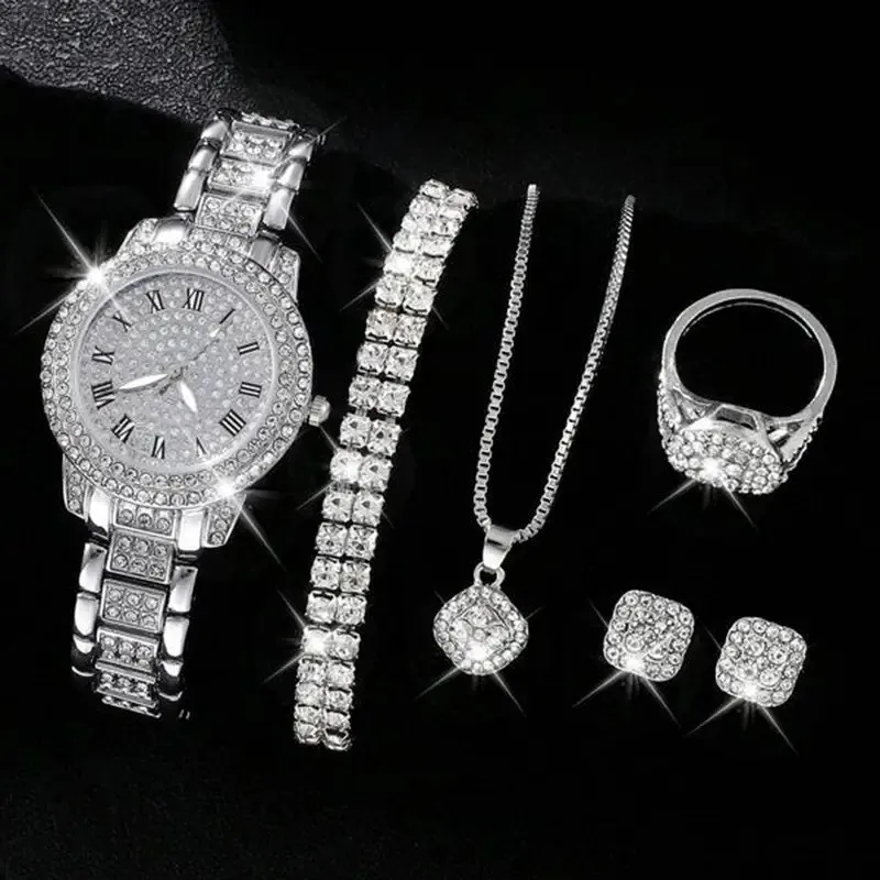 6PCS Women Watch Luxury Elegant Alloy Watch Crystal Wristwatch For Ladies Gift Quartz Watch Alloy Rhinestone Bracelet Montre