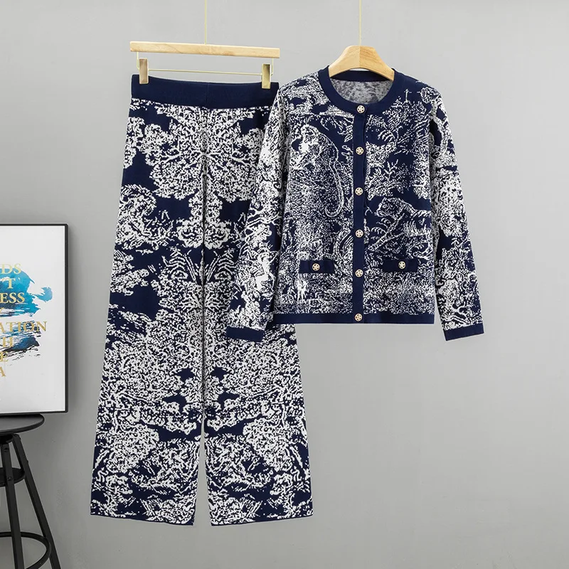 Temperament Jacquard Landscape Painting Fashion Knitted Set Women's Autumn/Winter New Cardigan Sweater Two-piece Set