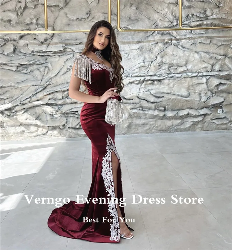 Verngo Dark Red Burgundy Velvet Mermaid Evening Dresses Kaftan Dubai Women Applique Tassel Slit Prom Gowns With Detachable Train